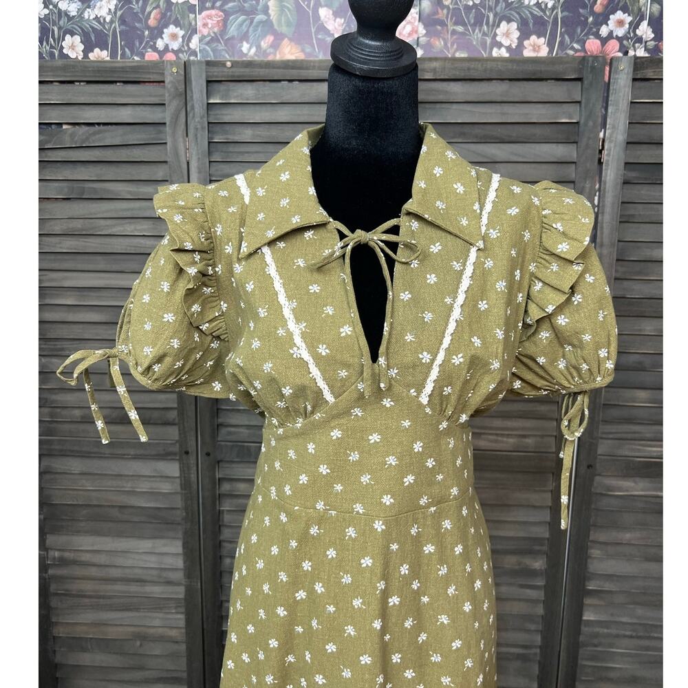 Bohme Olive Green Ditsy Floral 100% Cotton Puff Sleeve Mini Dress S NWOT Smocked - Picture 3 of 10